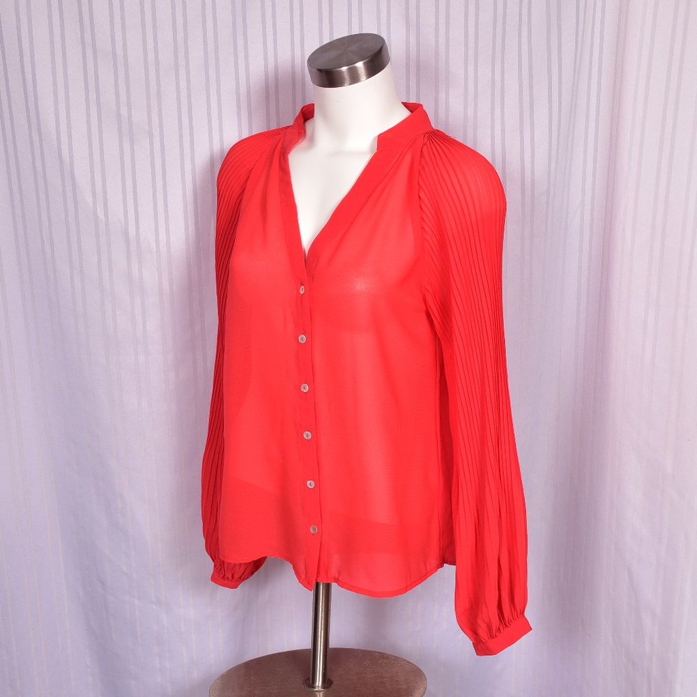 BLVD Orange Sheer Blouse Pleated Long Sleeve Size Small